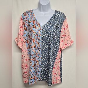Unbranded XXL New Pullover Henley Top Short Split Sleeve Floral Stretch